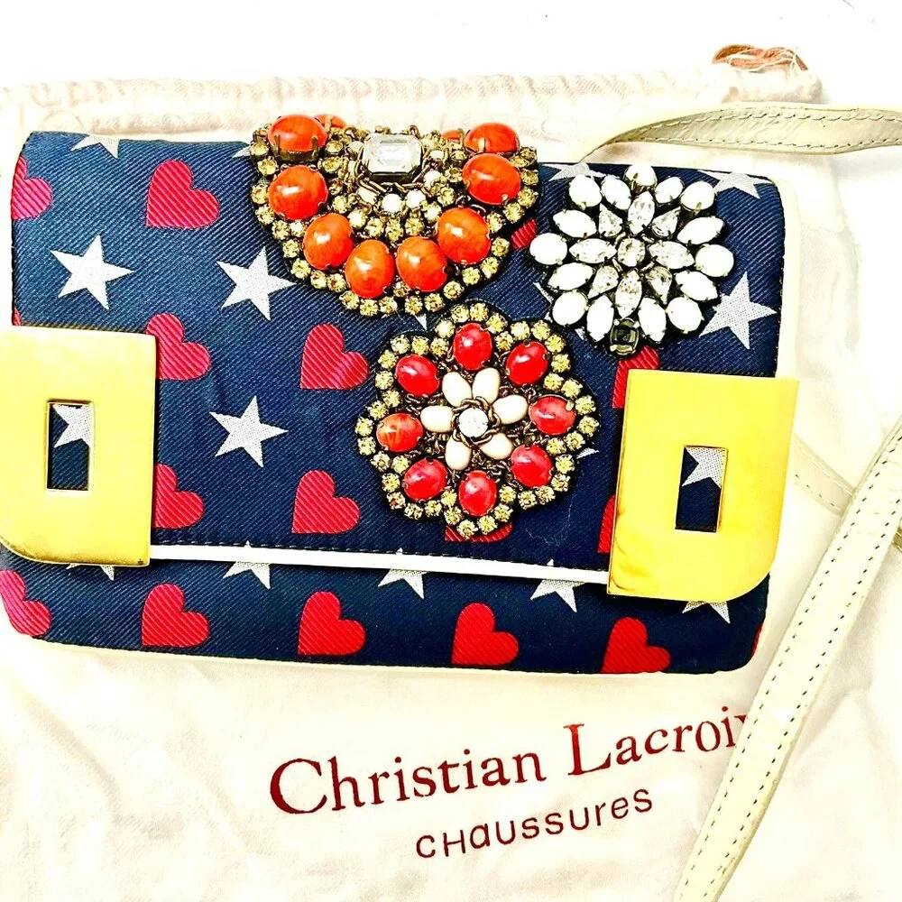 Christian Lacroix Mini Crossbody Bag Wallet Jeweled Hearts Stars Vintage Italy - Picture 1 of 10